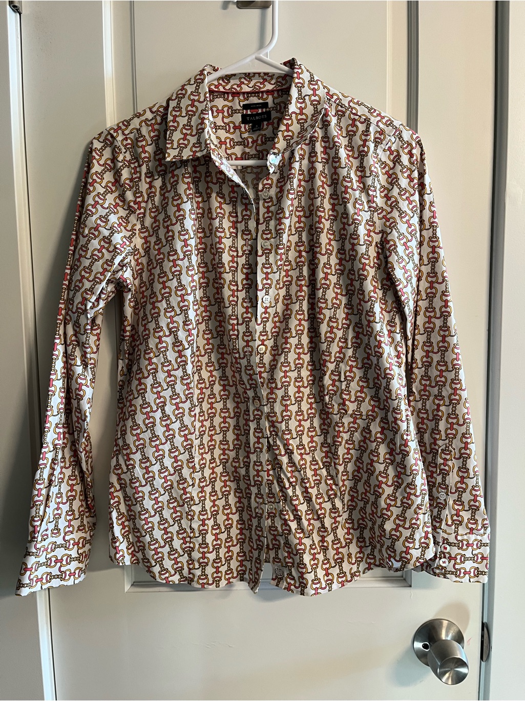 Talbots Cream Button-Down Shirt With Red And Brown Chain Print